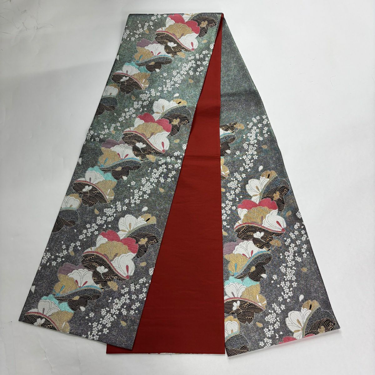 【美品】振袖禮服 身長157.5cm 袖長63cm S 雙層 袋帶全套 幾帳 草花紋紋 金銀彩 紅紫 純蠶絲 秀品級