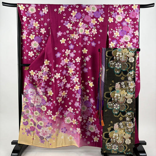 【美品】振袖禮服 身長160cm 袖長65.5cm M 雙層 袋帶全套 花束 櫻花 金銀彩 漸層 紅紫 純蠶絲 名品級