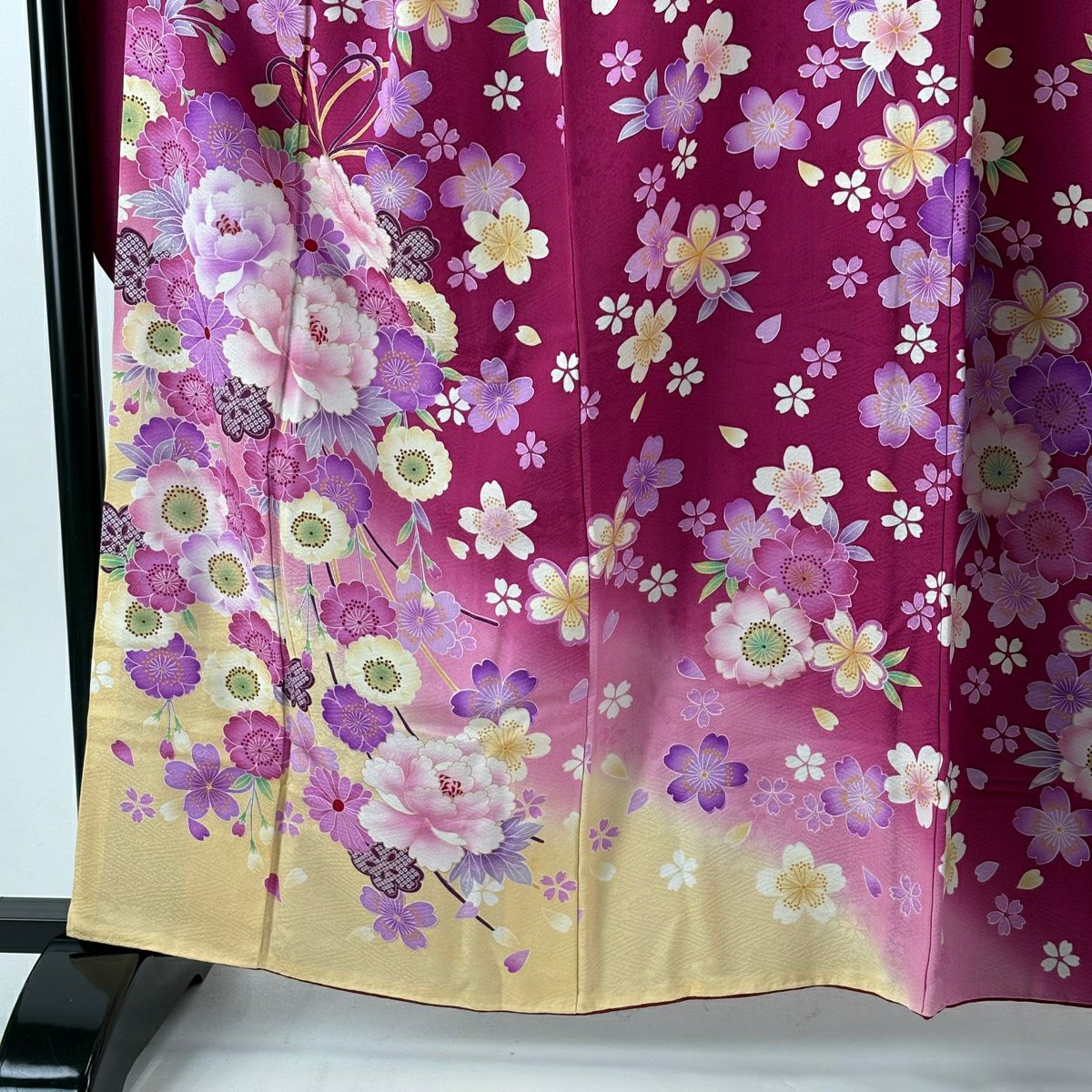 【美品】振袖禮服 身長160cm 袖長65.5cm M 雙層 袋帶全套 花束 櫻花 金銀彩 漸層 紅紫 純蠶絲 名品級