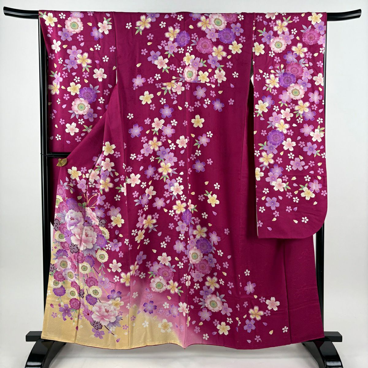 【美品】振袖禮服 身長160cm 袖長65.5cm M 雙層 袋帶全套 花束 櫻花 金銀彩 漸層 紅紫 純蠶絲 名品級