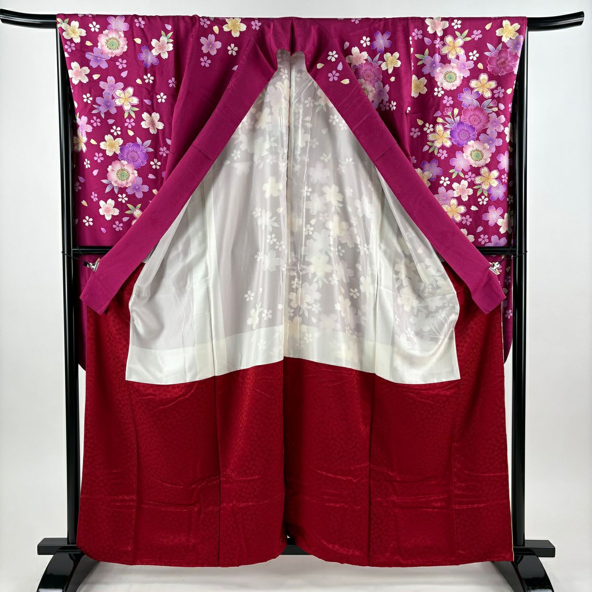 【美品】振袖禮服 身長160cm 袖長65.5cm M 雙層 袋帶全套 花束 櫻花 金銀彩 漸層 紅紫 純蠶絲 名品級