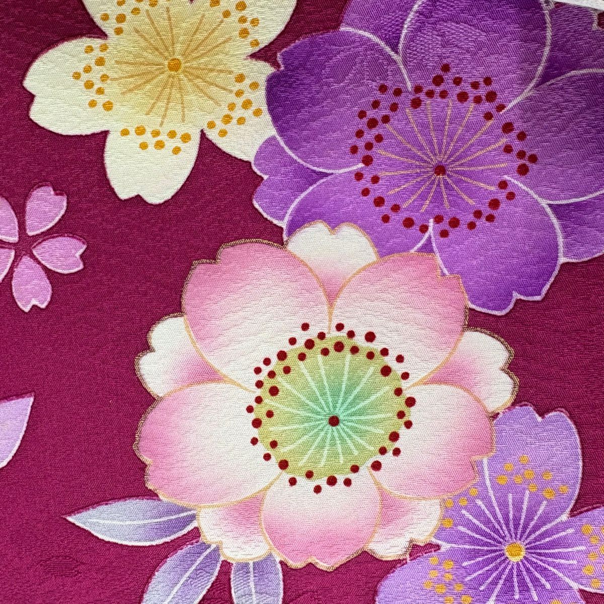 【美品】振袖禮服 身長160cm 袖長65.5cm M 雙層 袋帶全套 花束 櫻花 金銀彩 漸層 紅紫 純蠶絲 名品級