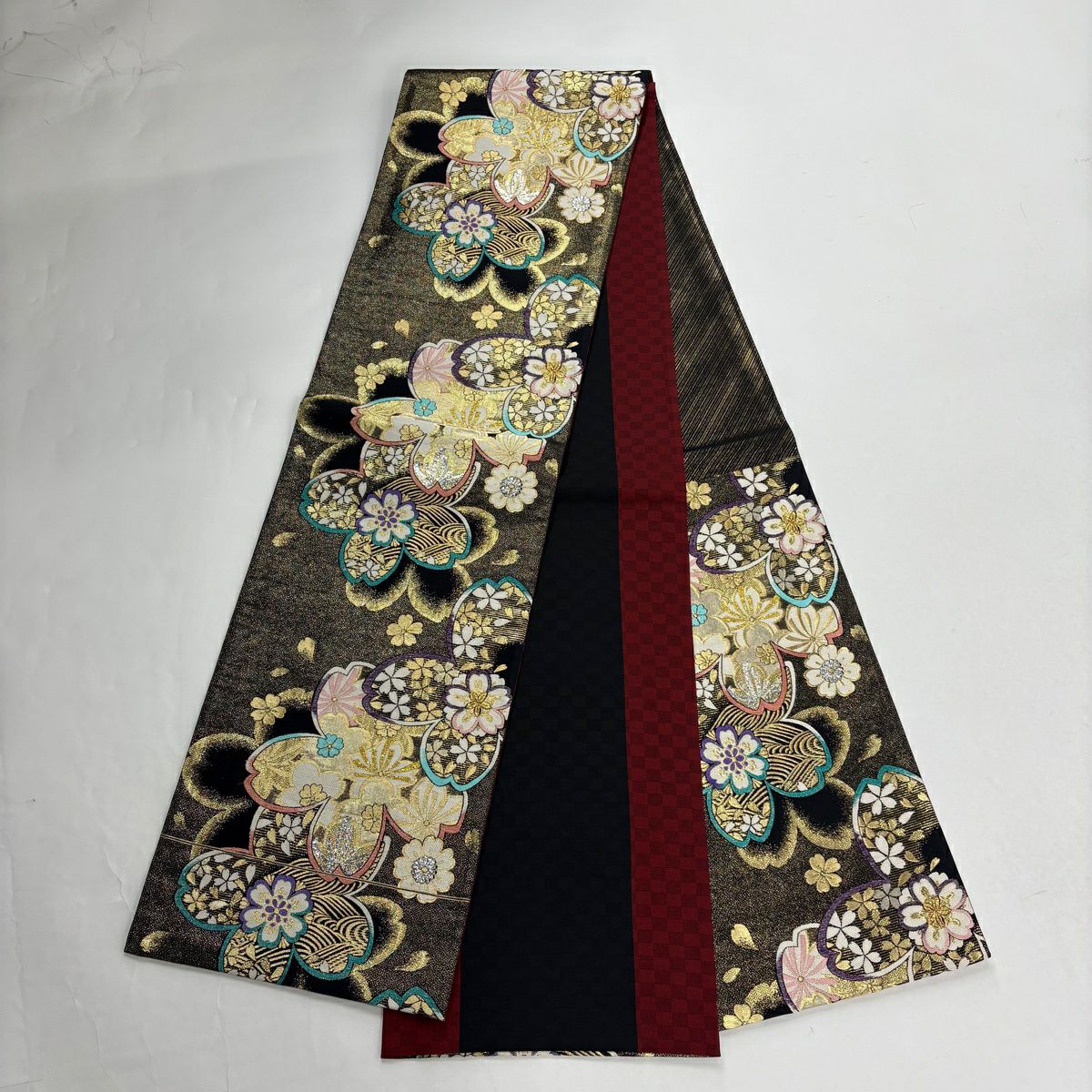 【美品】振袖禮服 身長160cm 袖長65.5cm M 雙層 袋帶全套 花束 櫻花 金銀彩 漸層 紅紫 純蠶絲 名品級