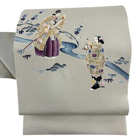 【美品】名古屋帶 秀品級 能 流水 灰色 純蠶絲