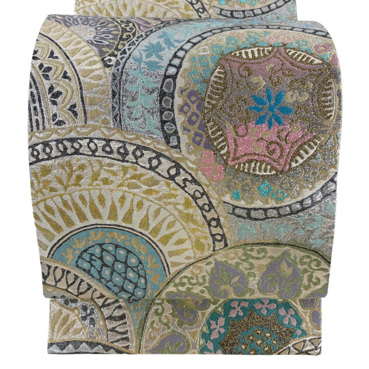 【美品】 袋帶 名品級 花唐草紋 幾何圖案 金絲 金金箔 米色 六通 純蠶絲
