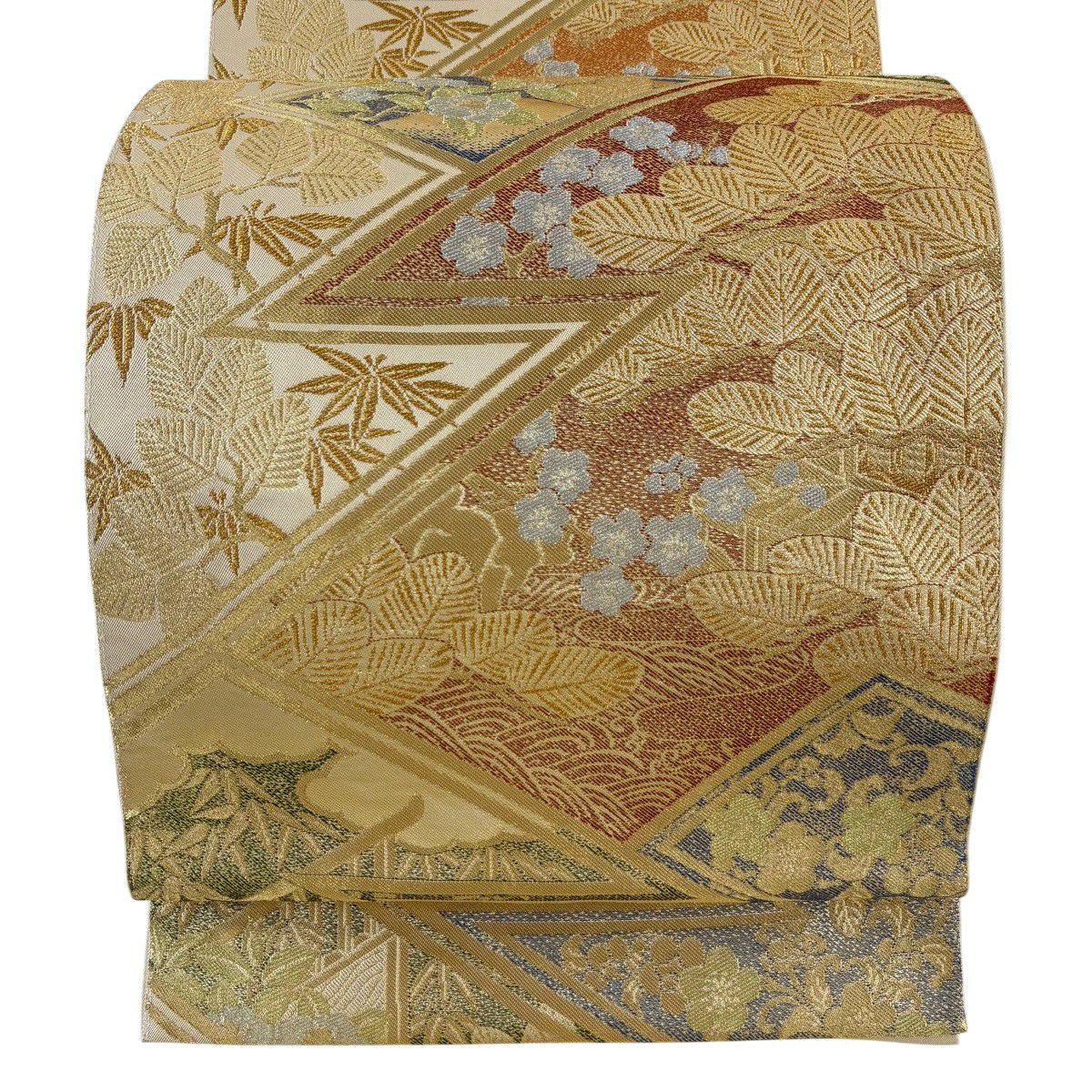 【美品】 袋帶 名品級 川島織物 落款あり 松樹竹子梅花 波 金銀絲 金金箔 金色 六通 純蠶絲