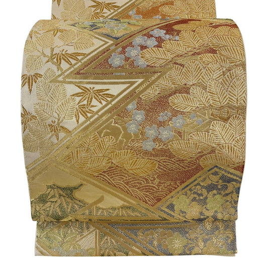 【美品】 袋帶 名品級 川島織物 落款あり 松樹竹子梅花 波 金銀絲 金金箔 金色 六通 純蠶絲