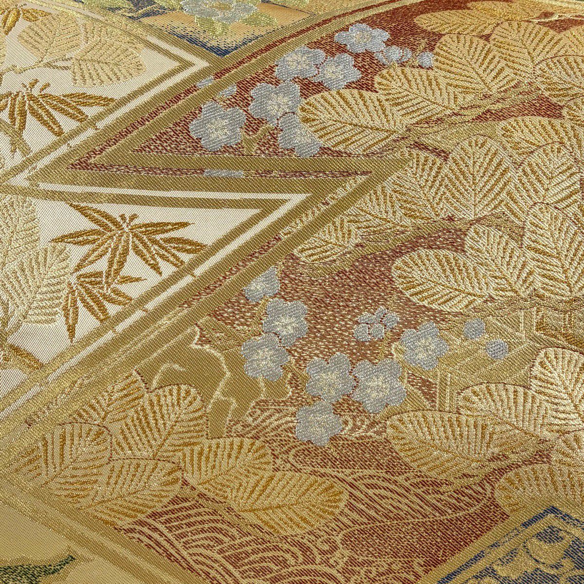【美品】 袋帶 名品級 川島織物 落款あり 松樹竹子梅花 波 金銀絲 金金箔 金色 六通 純蠶絲