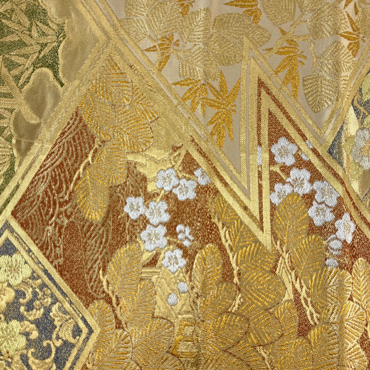 【美品】 袋帶 名品級 川島織物 落款あり 松樹竹子梅花 波 金銀絲 金金箔 金色 六通 純蠶絲