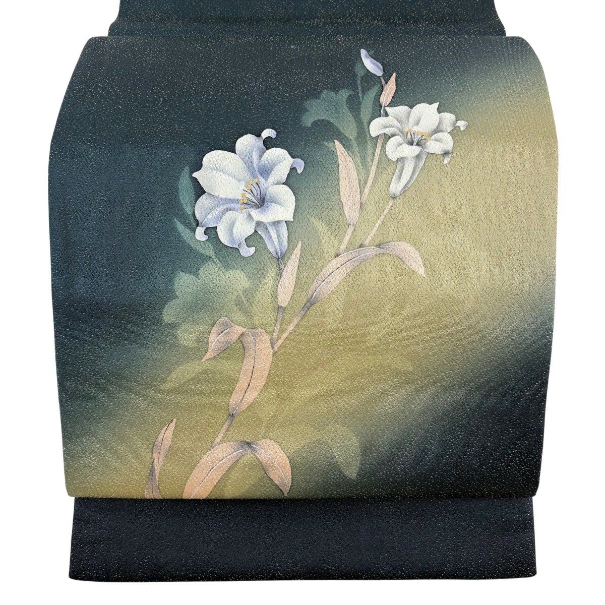 【美品】 袋帶 名品級 草花紋紋 銀線 深綠 お太鼓圖案 純蠶絲