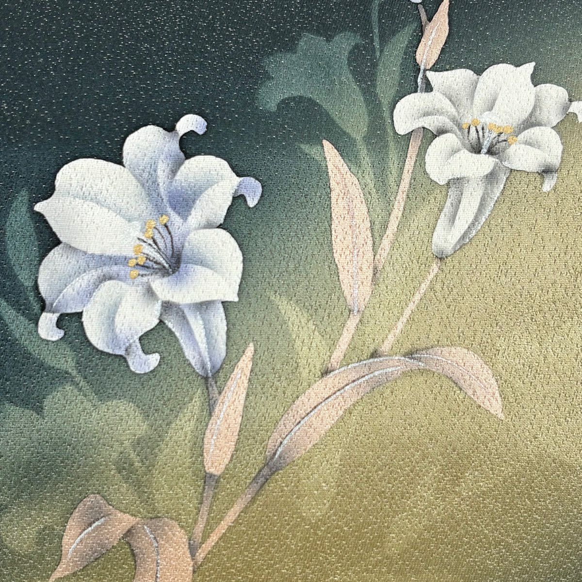 【美品】 袋帶 名品級 草花紋紋 銀線 深綠 お太鼓圖案 純蠶絲