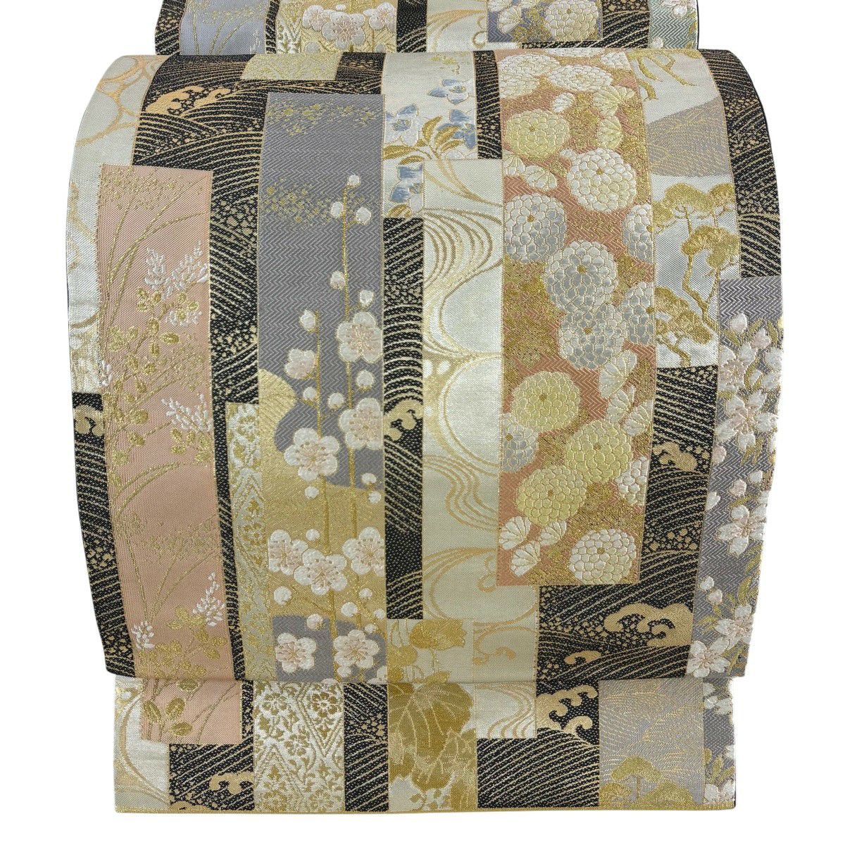 【美品】 袋帶 名品級 短冊 松樹梅花 金金箔 墨 六通 純蠶絲