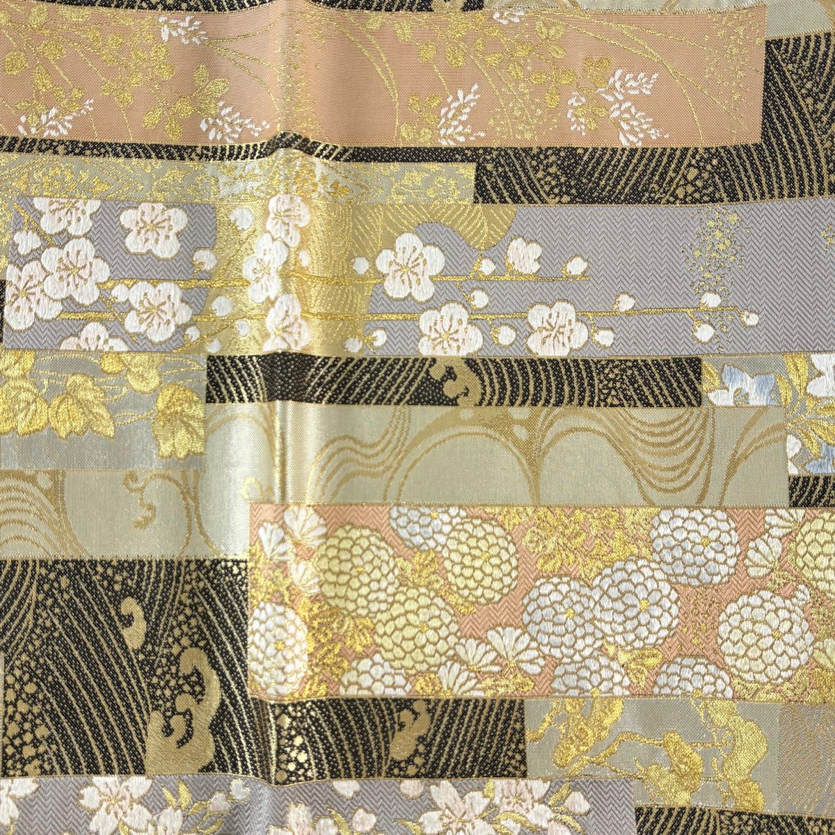 【美品】 袋帶 名品級 短冊 松樹梅花 金金箔 墨 六通 純蠶絲