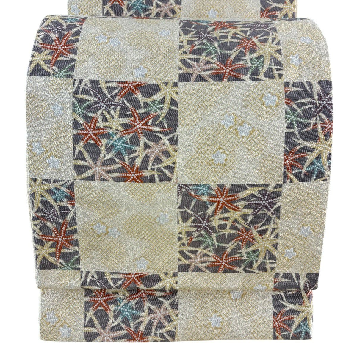 【美品】 袋帶 名品級 紹巴紅型 市松樹 梅花 米色 六通 純蠶絲