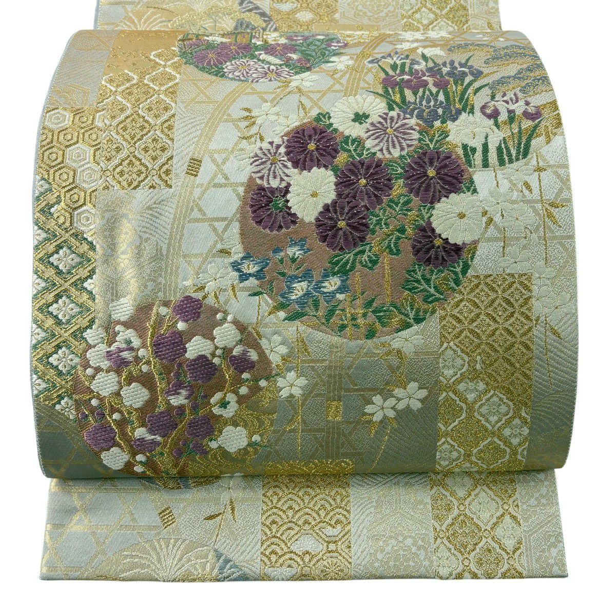 【美品】 袋帶 逸品級 古代帝王紫 草花紋紋 有職文樣 唐織 金絲 灰色 お太鼓柄 純蠶絲
