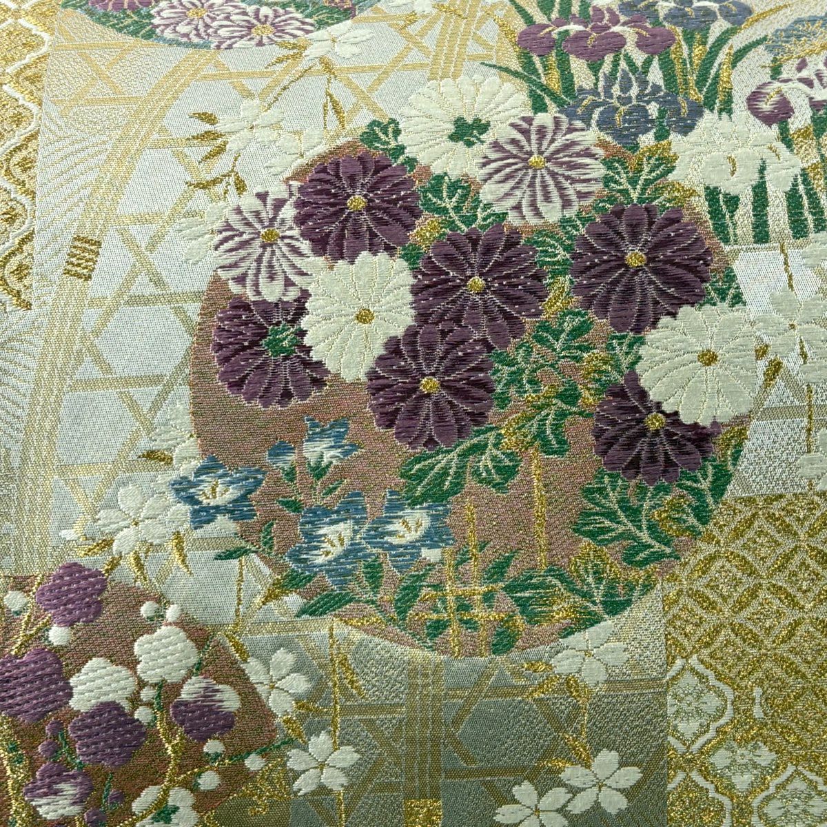 【美品】 袋帶 逸品級 古代帝王紫 草花紋紋 有職文樣 唐織 金絲 灰色 お太鼓柄 純蠶絲