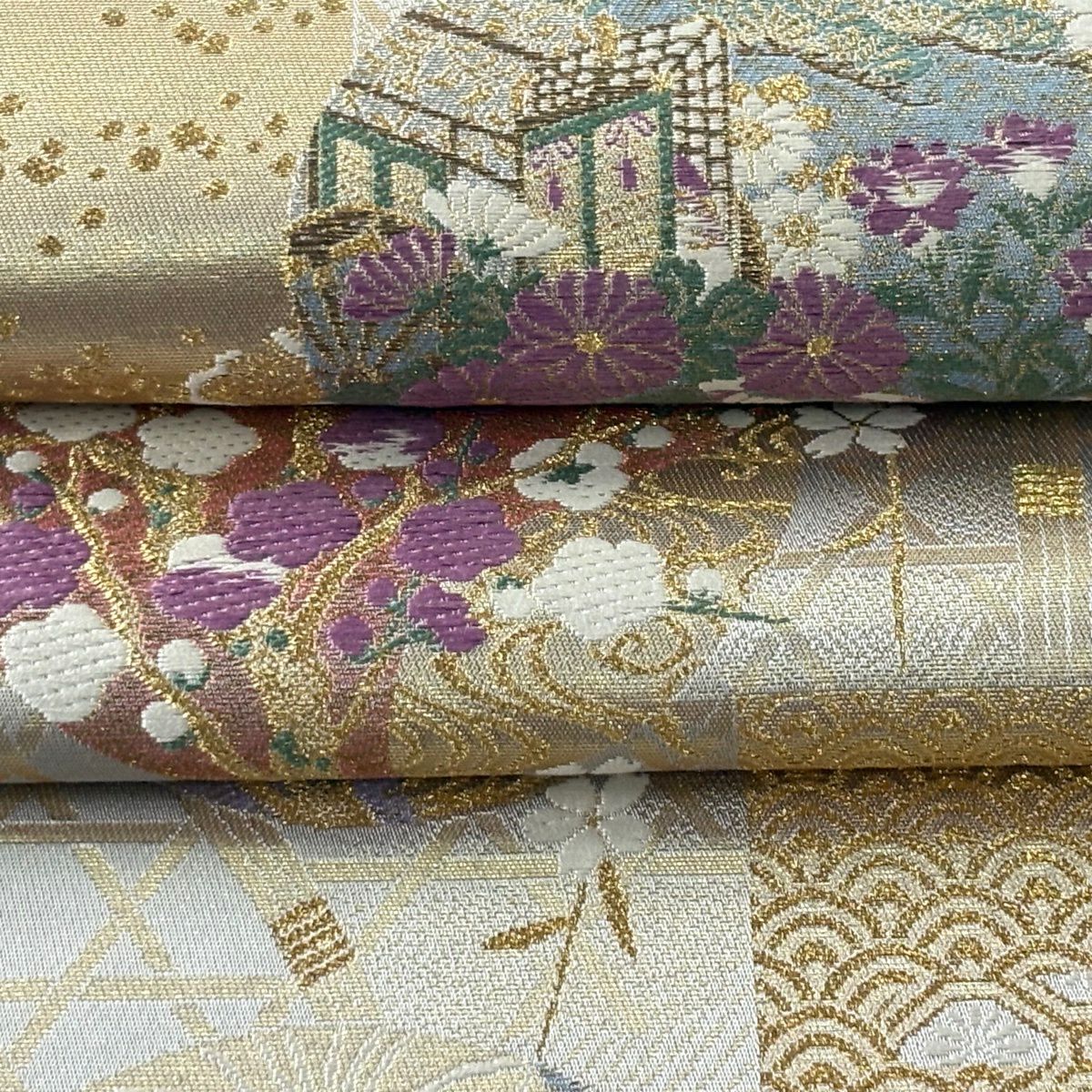 【美品】 袋帶 逸品級 古代帝王紫 草花紋紋 有職文樣 唐織 金絲 灰色 お太鼓柄 純蠶絲