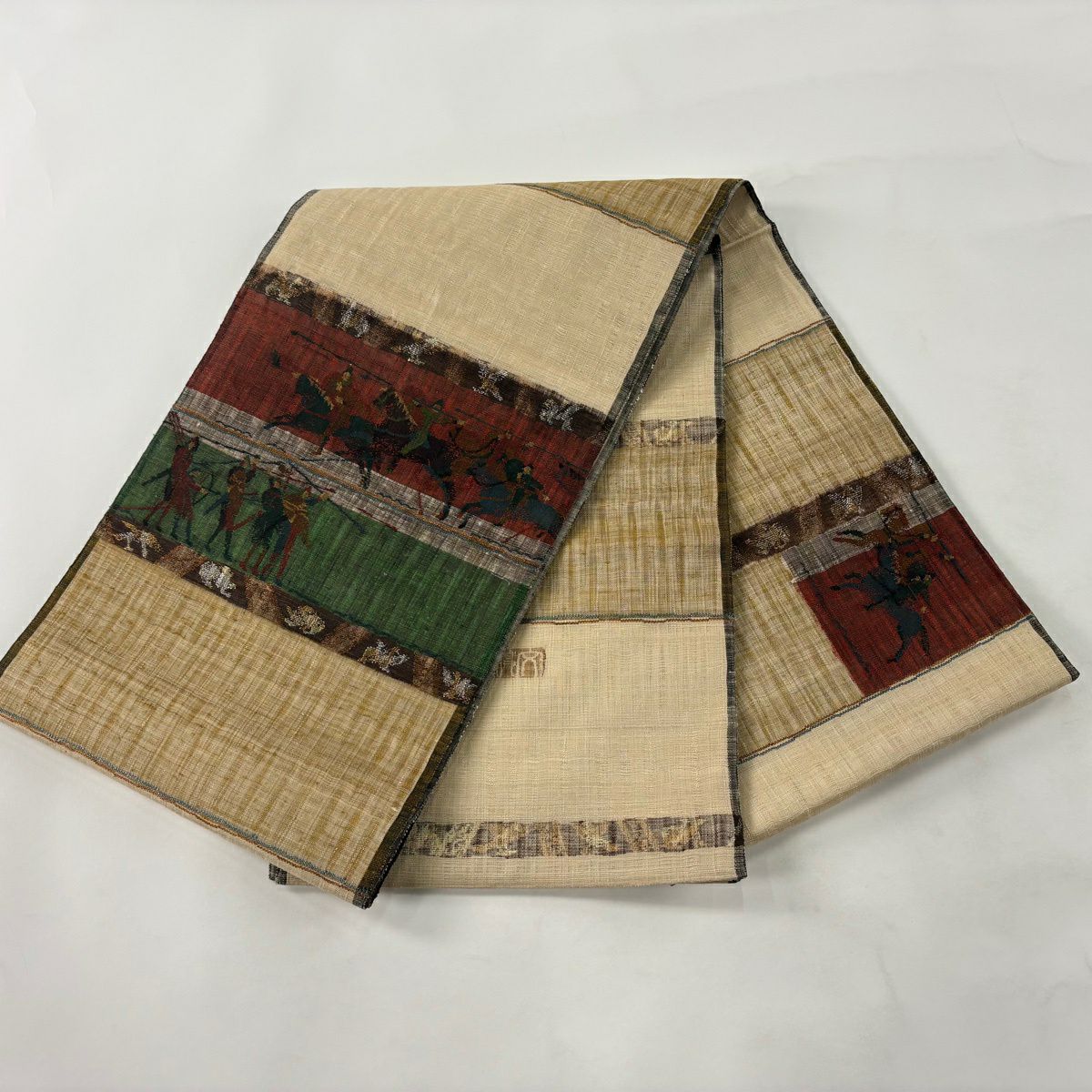 【美品】 袋帶 逸品級 渡文 附有落款 騎馬 橫段 金銀線 薄茶 お太鼓圖案 純蠶絲