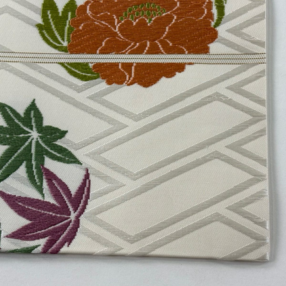 名古屋帶 逸品級 喜多川平郎 花丸紋 桧垣紋 刺繡 奶油色 純蠶絲
