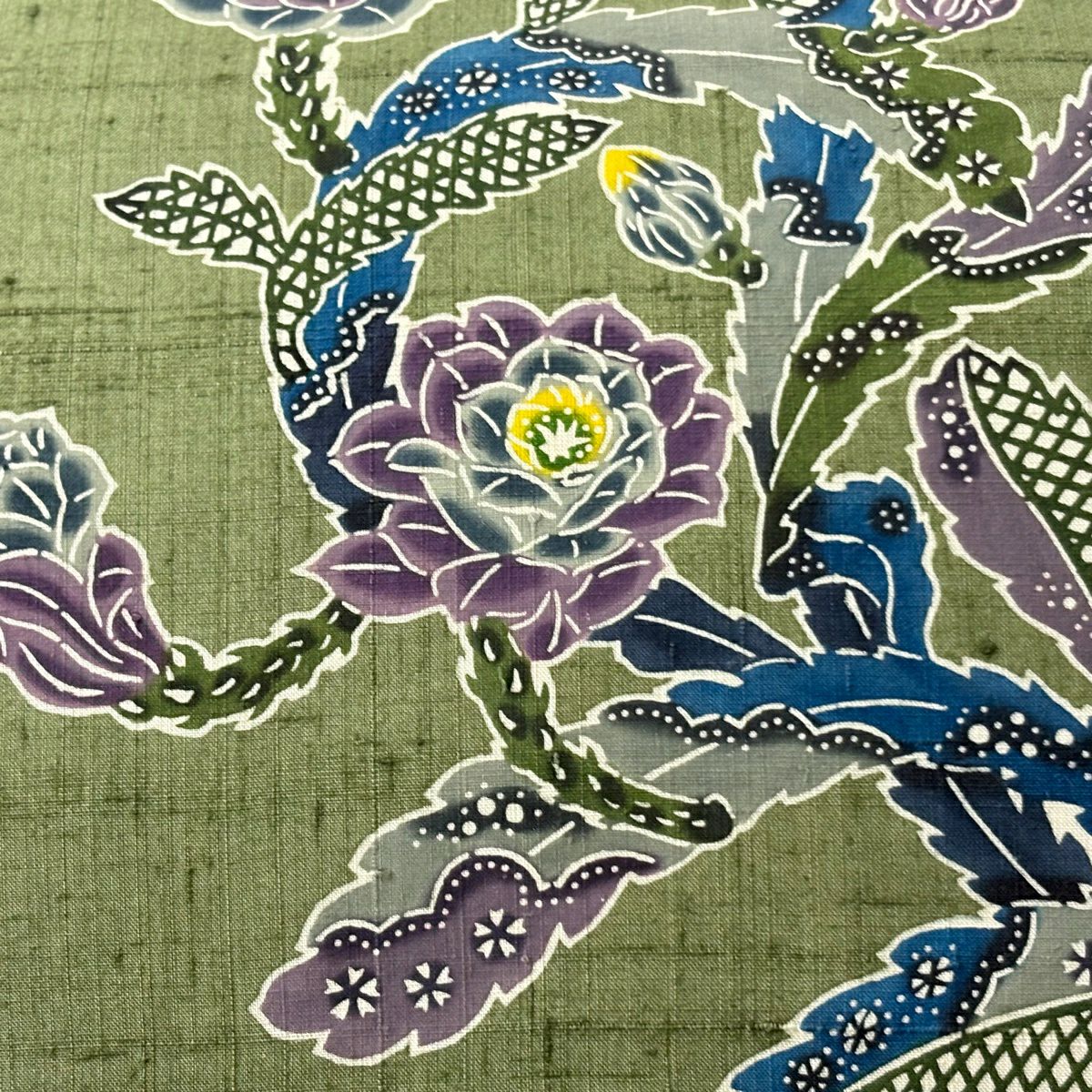 名古屋帶 逸品級 附落款 知念紅型工房 琉球織 草花紋 よもぎ色 純蠶絲