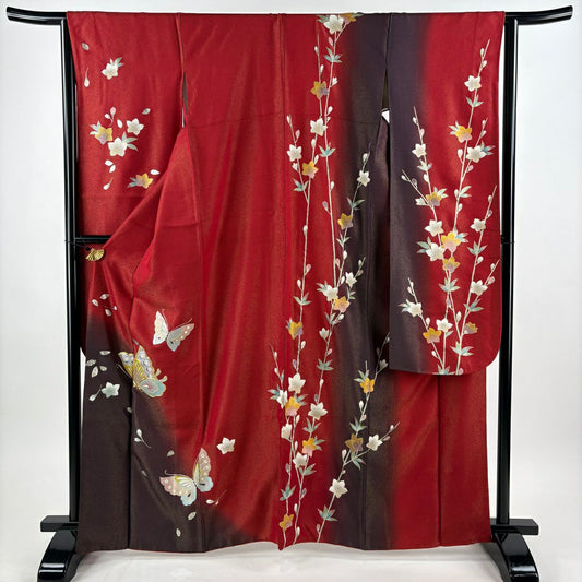 振袖禮服 身長165cm 袖長64.5cm M 雙層 蝶花 金通 金銀彩 紅 純蠶絲 名品級