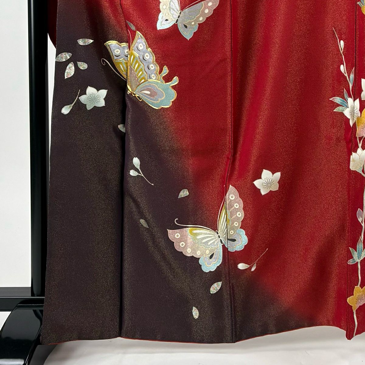 振袖禮服 身長165cm 袖長64.5cm M 雙層 蝶花 金通 金銀彩 紅 純蠶絲 名品級