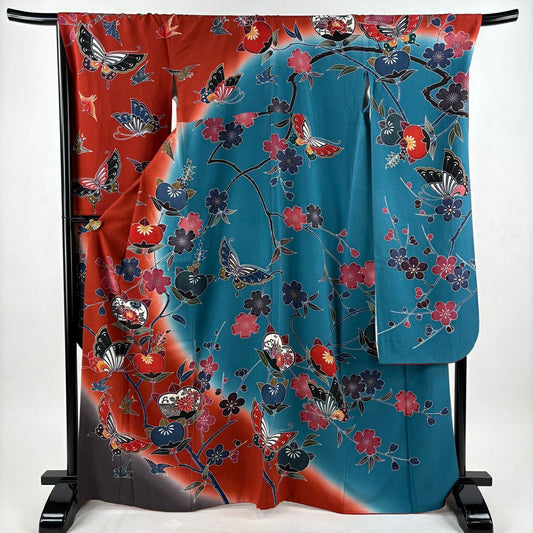 振袖禮服 身長167cm 袖長69.5cm L 雙層 橘色 蝴蝶 染分 縮緬 紅茶 純蠶絲 名品級