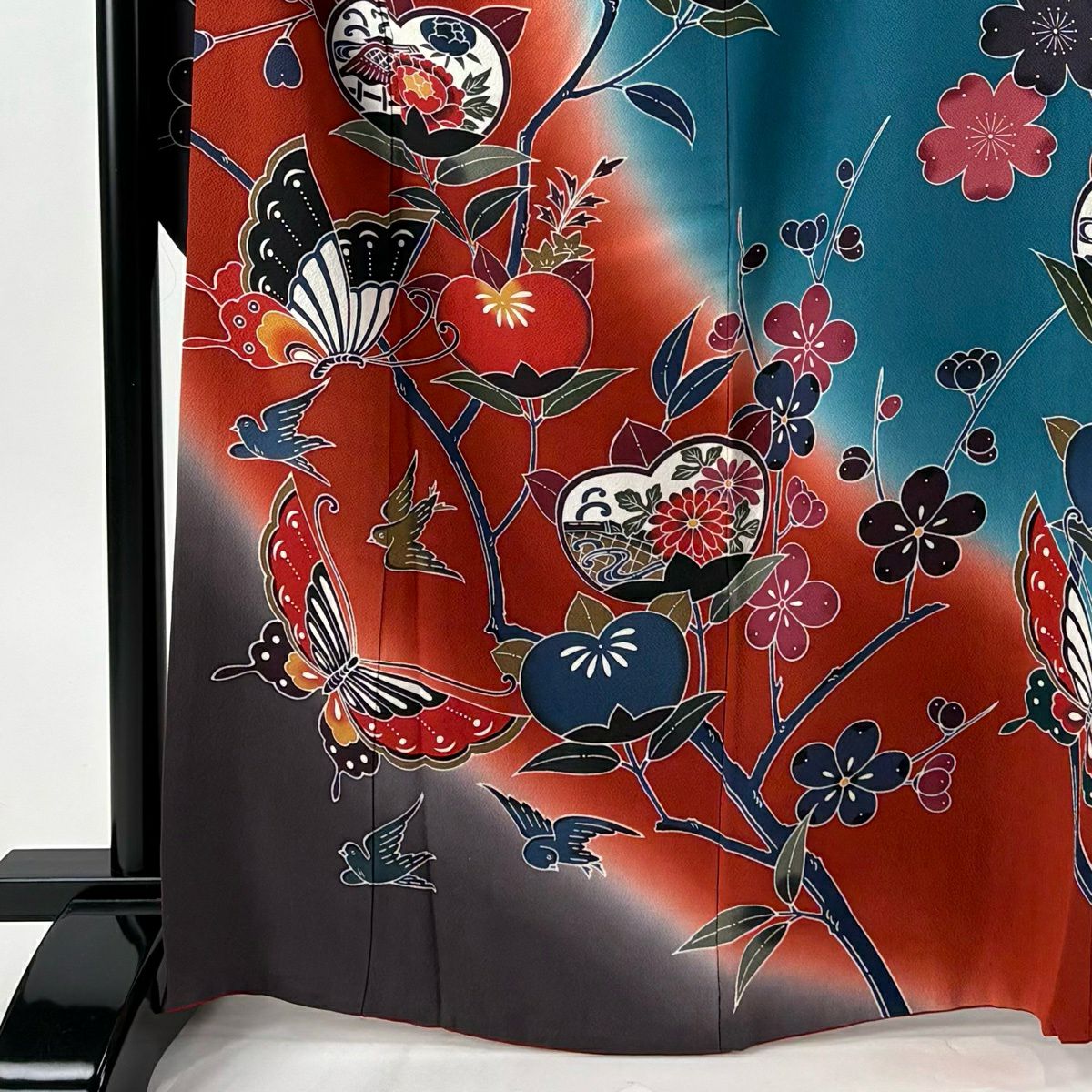 振袖禮服 身長167cm 袖長69.5cm L 雙層 橘色 蝴蝶 染分 縮緬 紅茶 純蠶絲 名品級