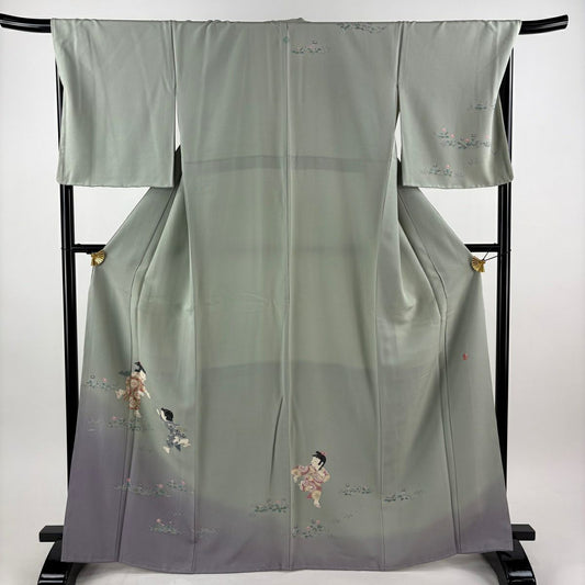【美品】訪問服 身長166.5cm 袖長69cm L 雙層 關口遼一 落款あり 童 草花紋紋 漸層 灰綠 純蠶絲 名品級 一つ紋