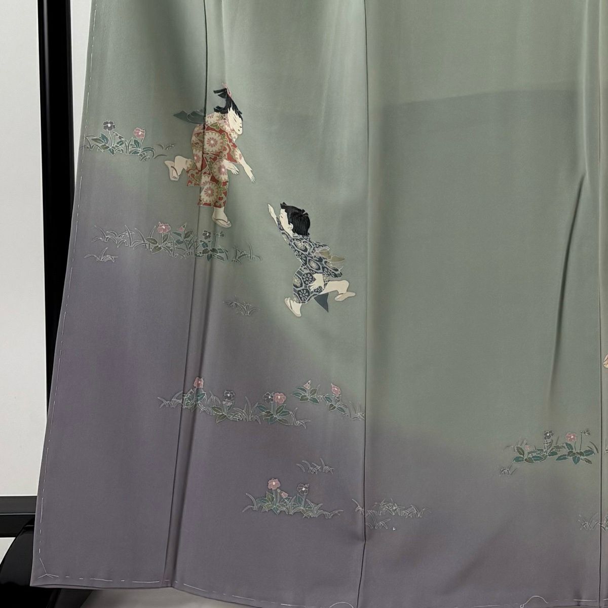 【美品】訪問服 身長166.5cm 袖長69cm L 雙層 關口遼一 落款あり 童 草花紋紋 漸層 灰綠 純蠶絲 名品級 一つ紋