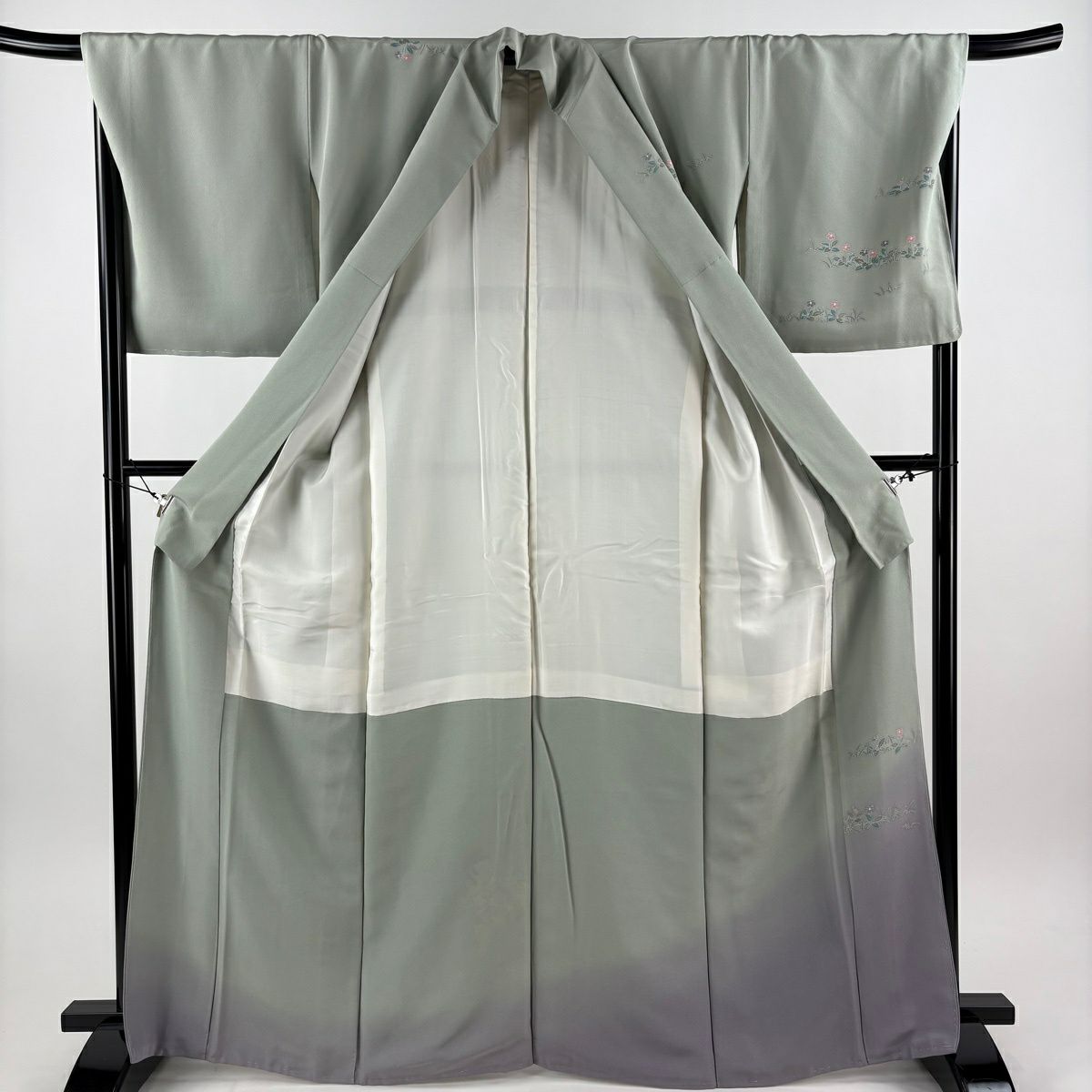 【美品】訪問服 身長166.5cm 袖長69cm L 雙層 關口遼一 落款あり 童 草花紋紋 漸層 灰綠 純蠶絲 名品級 一つ紋