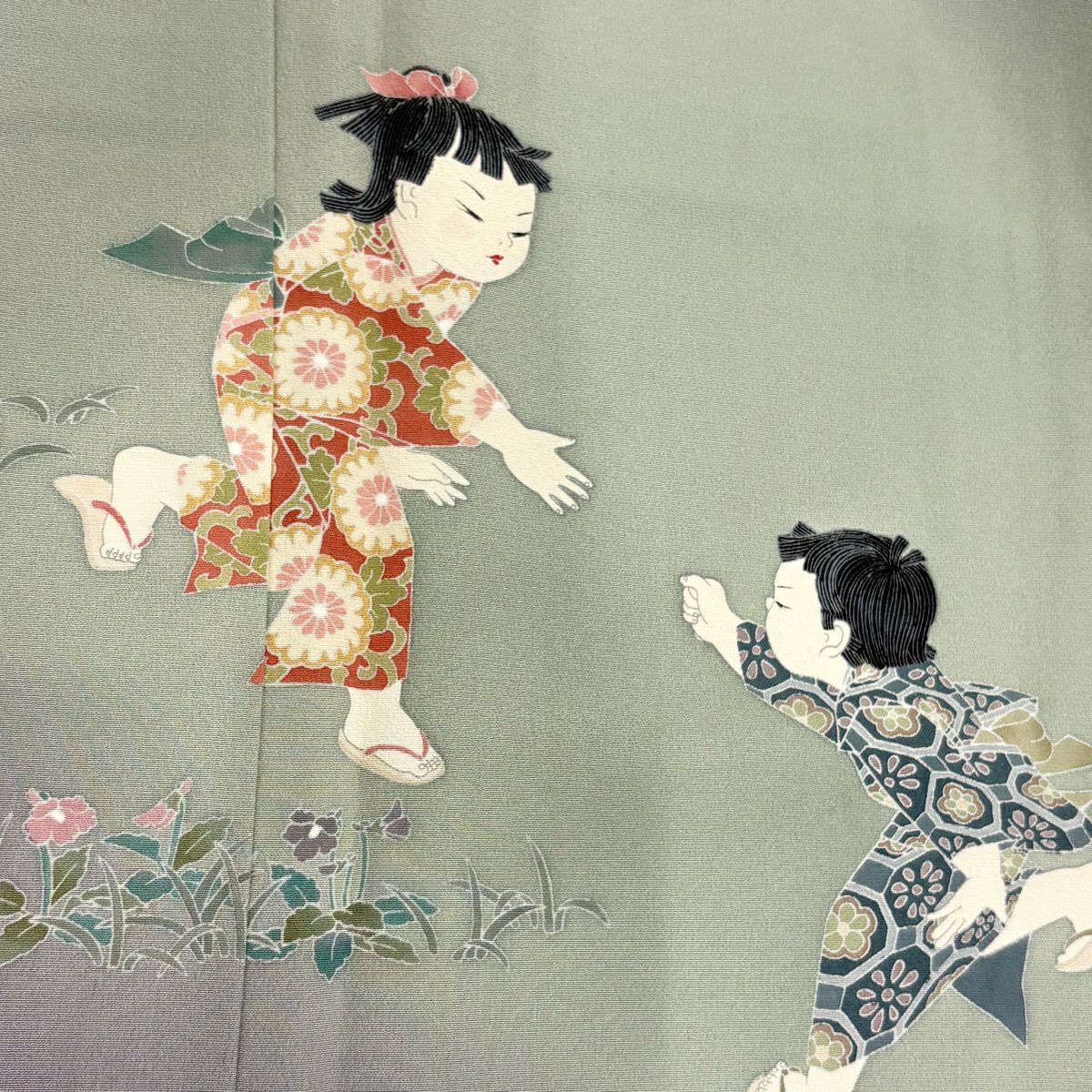 【美品】訪問服 身長166.5cm 袖長69cm L 雙層 關口遼一 落款あり 童 草花紋紋 漸層 灰綠 純蠶絲 名品級 一つ紋