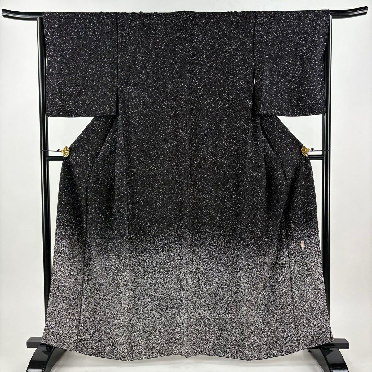 【美品】訪問服 身長163.5cm 袖長65cm M 雙層 押田正義 落款あり 幾何學圖案 漸層 絞織 黑 純蠶絲 名品級
