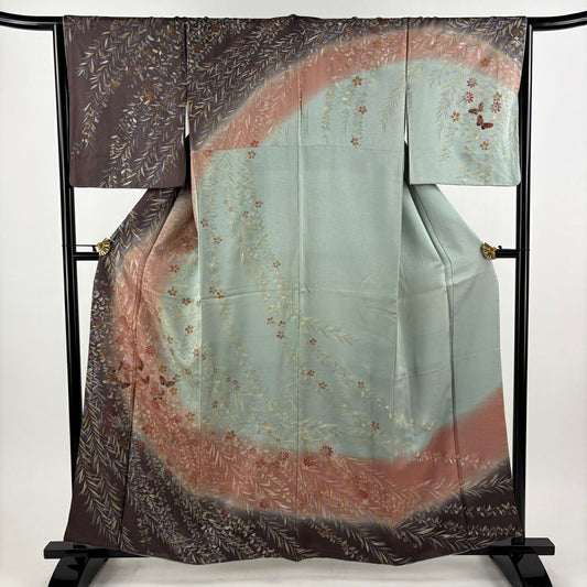 訪問服 身長160cm 袖長65cm M 雙層 蝶 櫻花 螺鈿 金銀彩 茶 純蠶絲 名品級