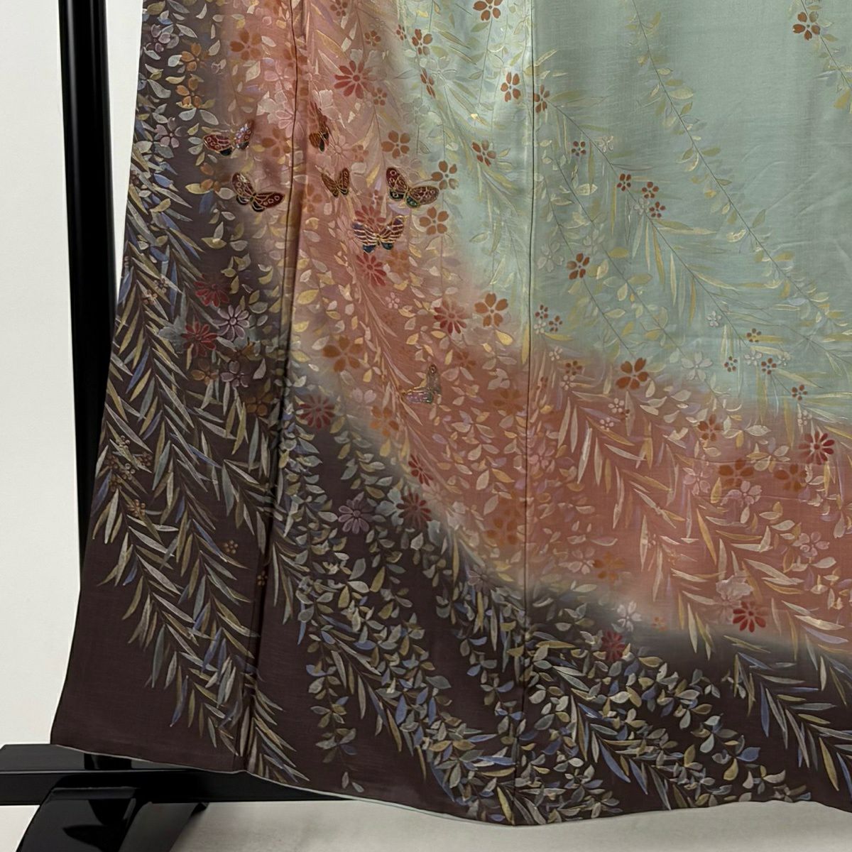 訪問服 身長160cm 袖長65cm M 雙層 蝶 櫻花 螺鈿 金銀彩 茶 純蠶絲 名品級