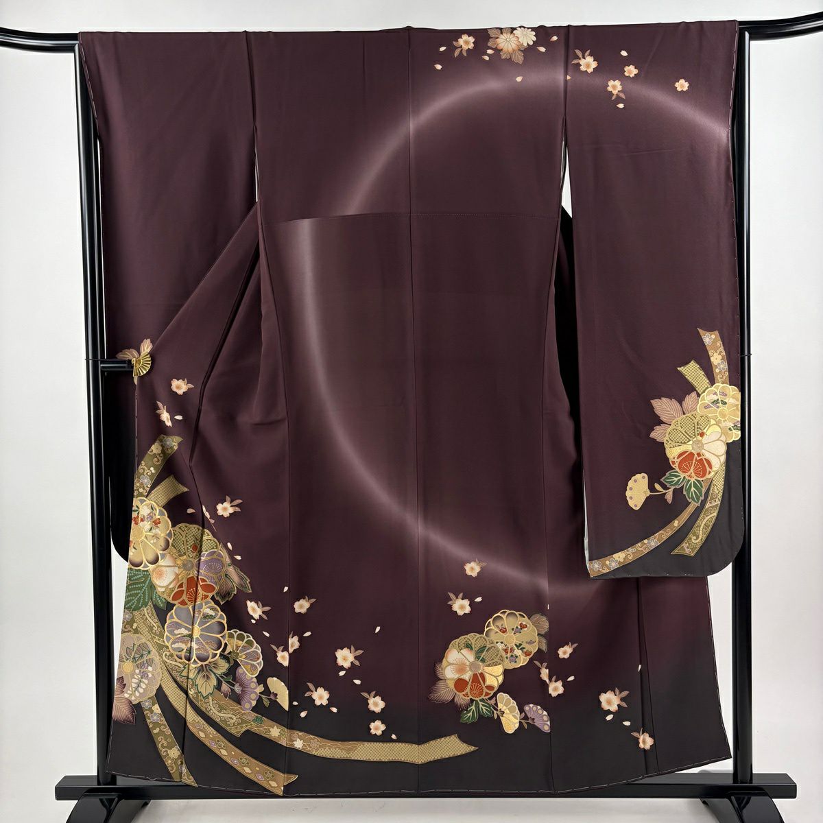 振袖禮服 身長157.5cm 袖長65cm M 雙層 ますいわ屋 菊花 熨斗紋 金銀彩 茶紫 純蠶絲 名品級