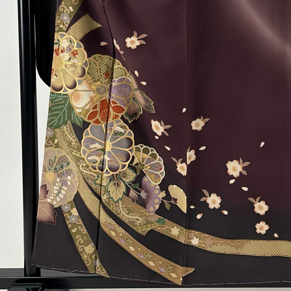振袖禮服 身長157.5cm 袖長65cm M 雙層 ますいわ屋 菊花 熨斗紋 金銀彩 茶紫 純蠶絲 名品級