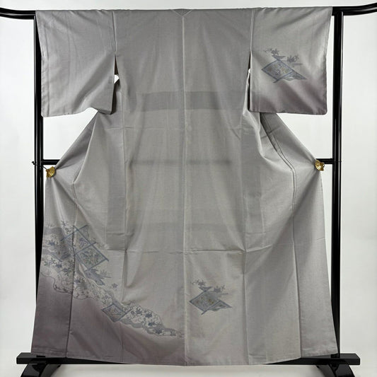 付下 身長161cm 袖長64cm M 雙層 紬織織 花鳥 格天井 刺繡 染分 灰 純蠶絲 秀品級