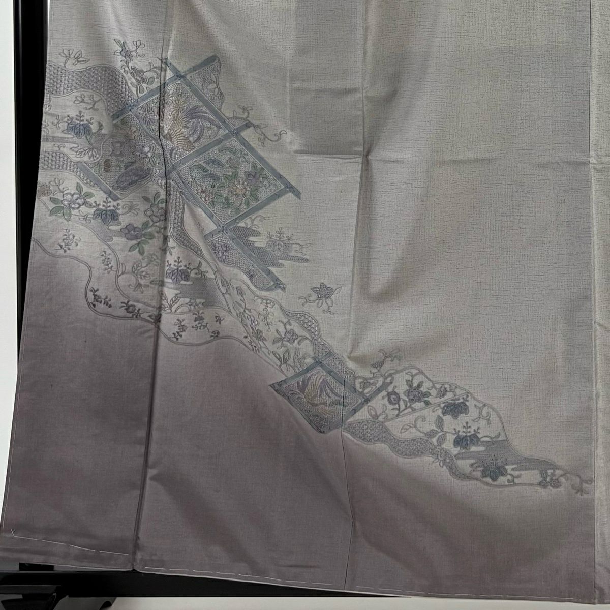 付下 身長161cm 袖長64cm M 雙層 紬織織 花鳥 格天井 刺繡 染分 灰 純蠶絲 秀品級