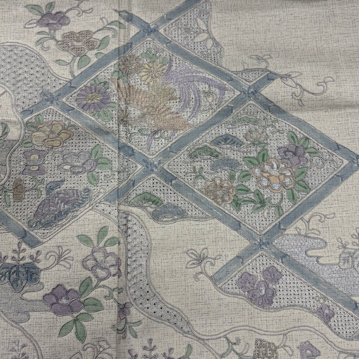 付下 身長161cm 袖長64cm M 雙層 紬織織 花鳥 格天井 刺繡 染分 灰 純蠶絲 秀品級