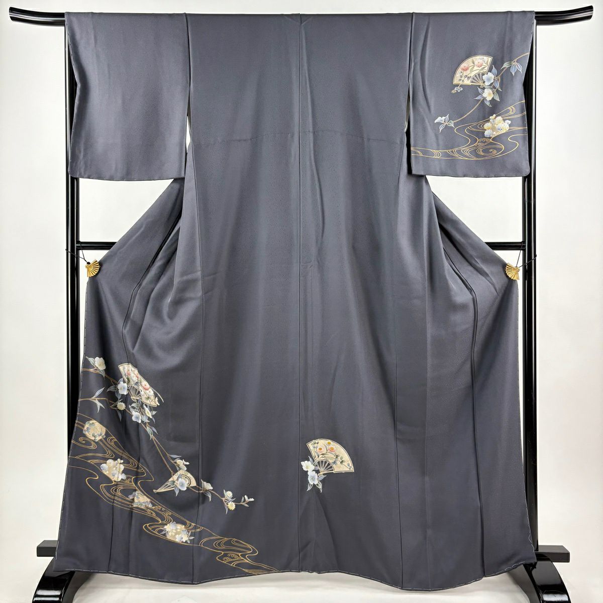 付下 身長164.5cm 袖長66.5cm M 雙層 扇子子 椿花 金銀彩 灰 純蠶絲 優品級