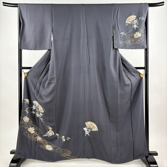 付下 身長164.5cm 袖長66.5cm M 雙層 扇子子 椿花 金銀彩 灰 純蠶絲 優品級