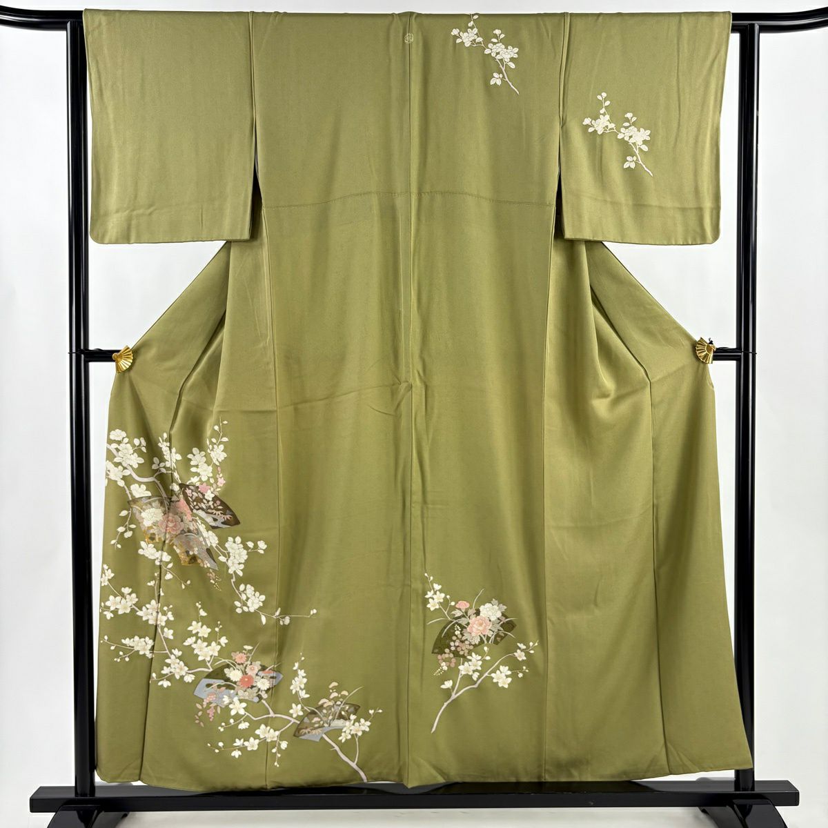 付下 身長156cm 袖長62cm S 雙層 扇子面 枝花 金銀彩 鶯 純蠶絲 秀品級 一つ紋