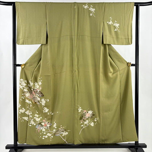 付下 身長156cm 袖長62cm S 雙層 扇子面 枝花 金銀彩 鶯 純蠶絲 秀品級 一つ紋