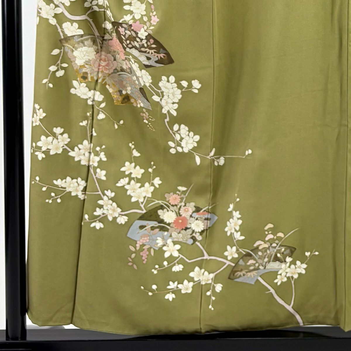 付下 身長156cm 袖長62cm S 雙層 扇子面 枝花 金銀彩 鶯 純蠶絲 秀品級 一つ紋