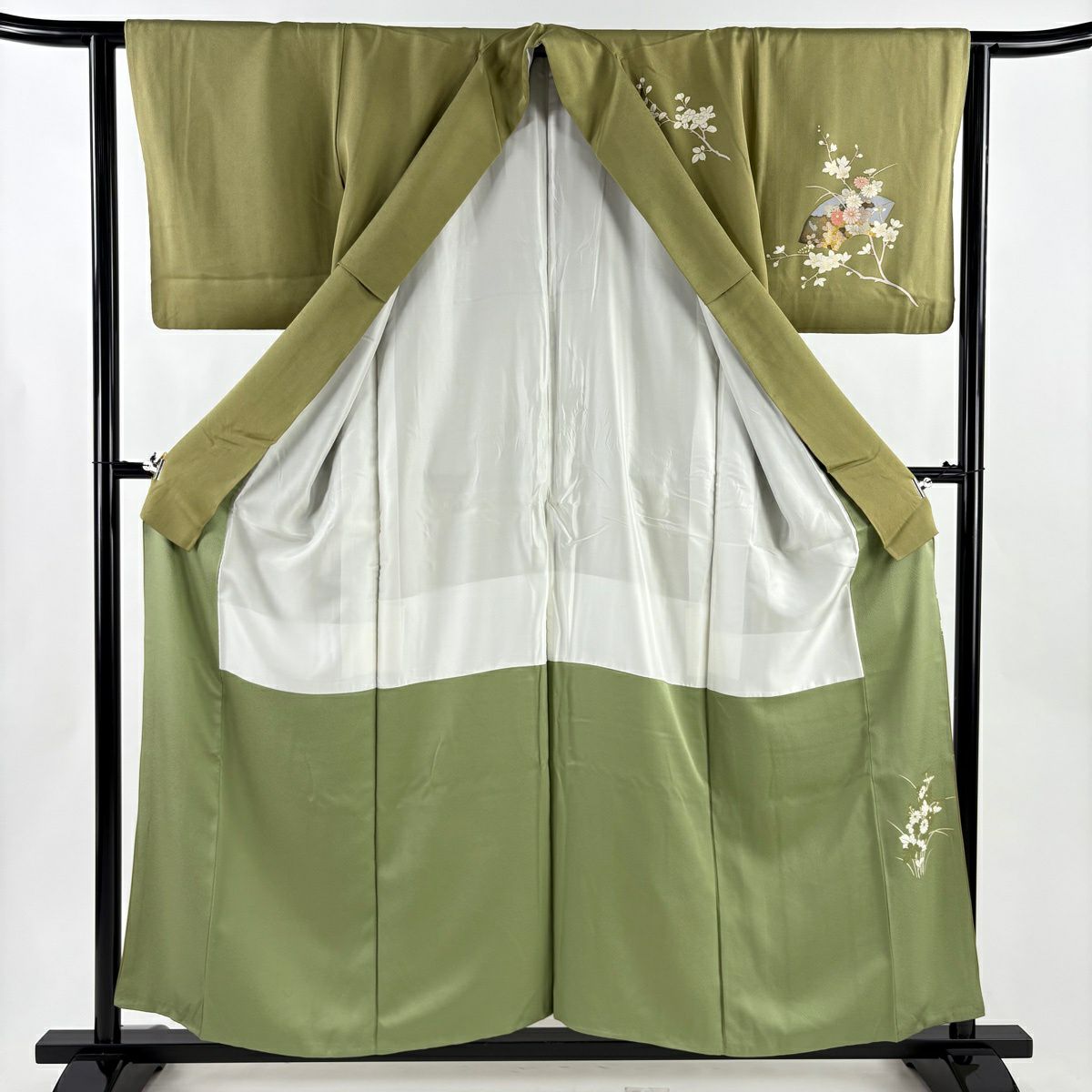 付下 身長156cm 袖長62cm S 雙層 扇子面 枝花 金銀彩 鶯 純蠶絲 秀品級 一つ紋
