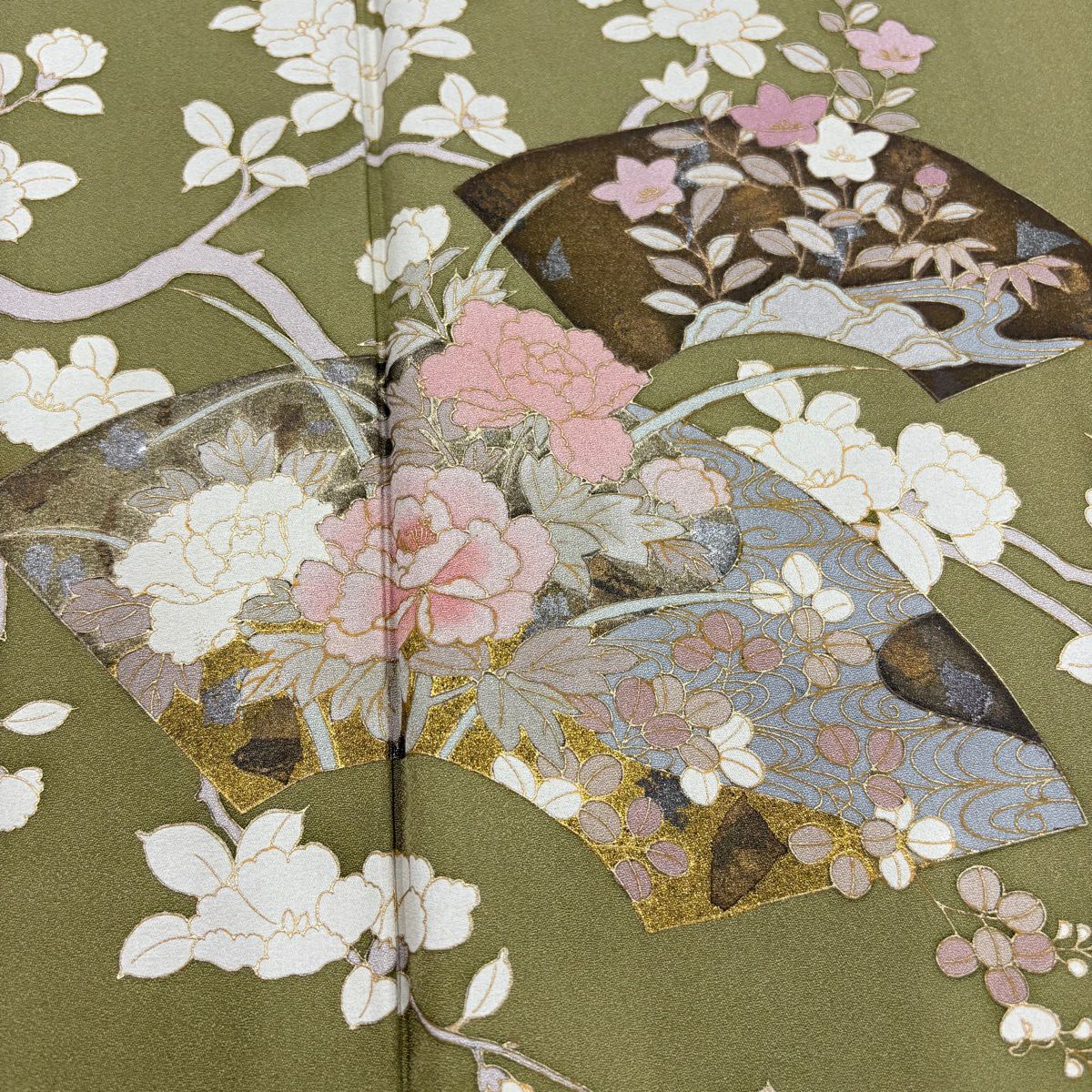 付下 身長156cm 袖長62cm S 雙層 扇子面 枝花 金銀彩 鶯 純蠶絲 秀品級 一つ紋