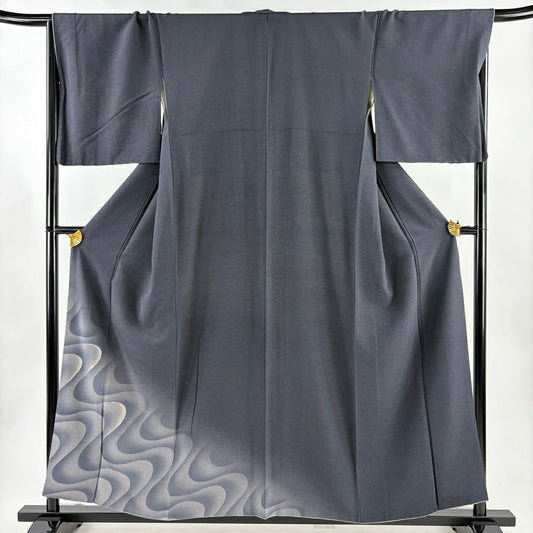 付下 身長157cm 袖長68.5cm L 雙層 波 ぼかし 灰 純蠶絲 秀品級