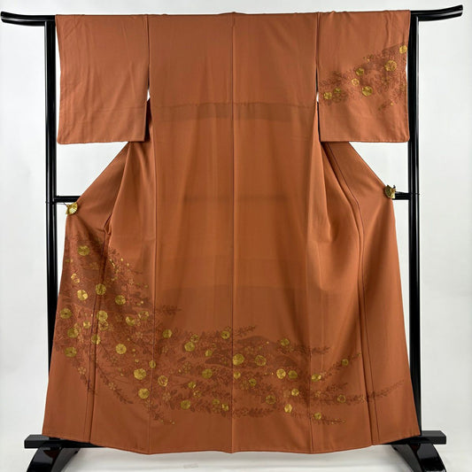 付下 身長161.5cm 袖長64cm M 雙層 草花紋紋 霞刺繡 紅茶 純蠶絲 秀品級