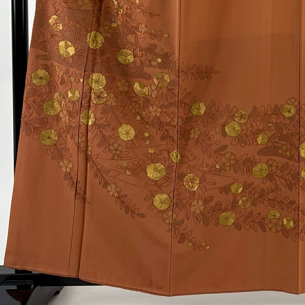 付下 身長161.5cm 袖長64cm M 雙層 草花紋紋 霞刺繡 紅茶 純蠶絲 秀品級